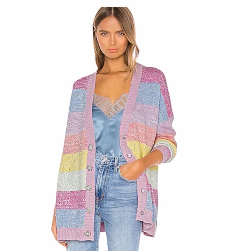 Olivia Rubin Mika V-Neck Button Down Cardigan Pastel Stripe With Sequins Size S